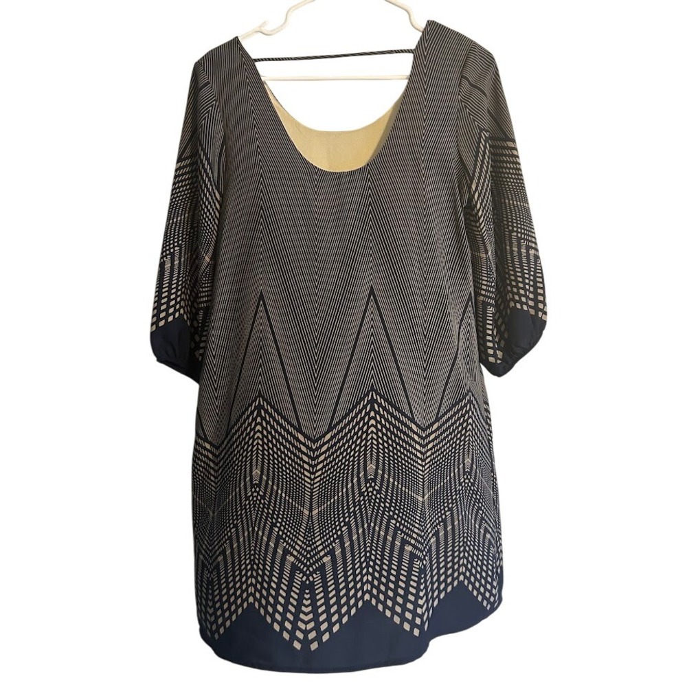 Womens Navy Blue & Beige Geometric Print Dress‎ Small Party Cocktail Event - Picture 3 of 9